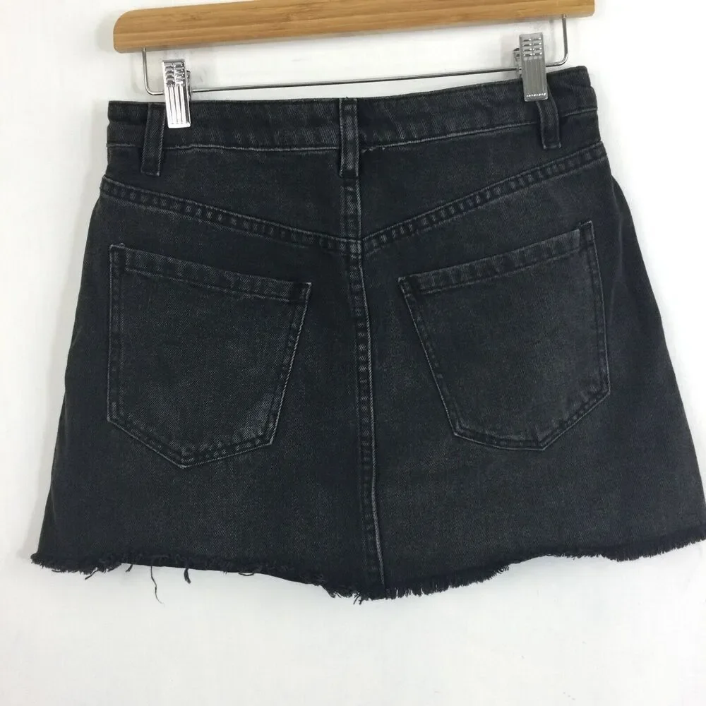Free People Zip It Up Full Front Zipper Distressed Mini Denim Skirt Black Sz 26